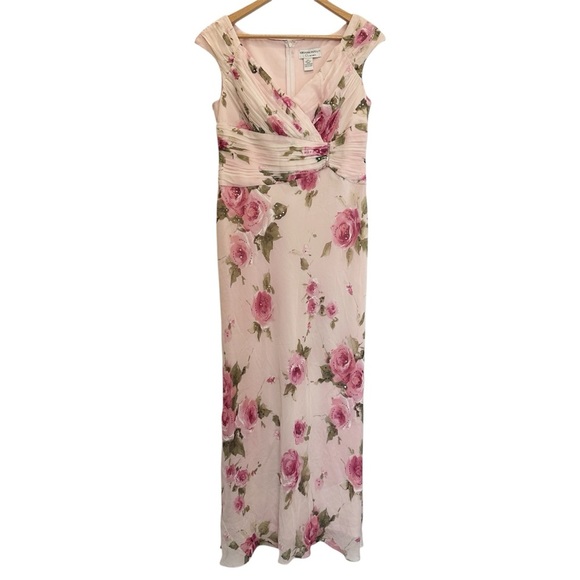 Adrianna Papell Occasions Vintage 100% Silk Floral Maxi Long Dress Gown Pink - Picture 1 of 6